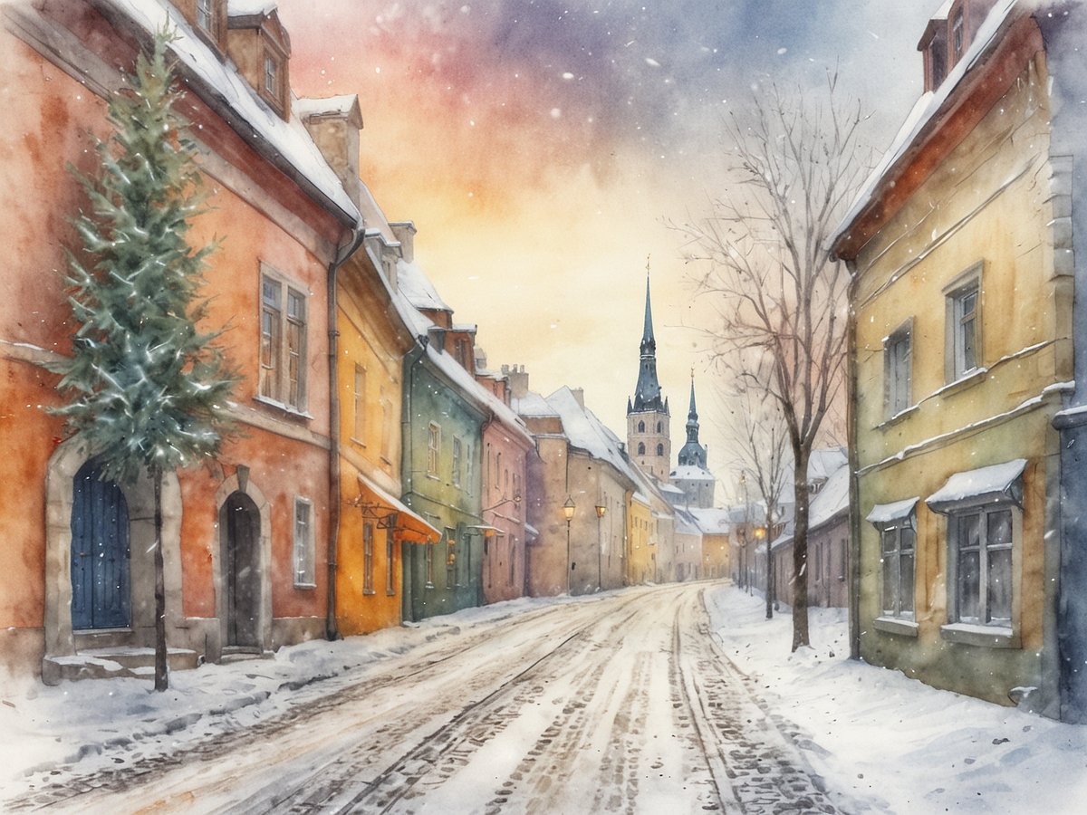 Ein malerischer Winterabend in der Altstadt von Tallinn, wo die schmalen, mit Schnee bedeckten Straßen von bunten historischen Häusern gesäumt sind. Kleine Lichter leuchten warm und gemütlich. Im Hintergrund ragen hohe Kirchen mit spitzen Türmen in den Himmel. Ein schneebedeckter Baum steht auf der linken Seite, während die sanften Farben des Sonnenuntergangs den Himmel erhellen. Sanfte Schneeflocken fallen und verleihen der Szene eine märchenhafte Atmosphäre.