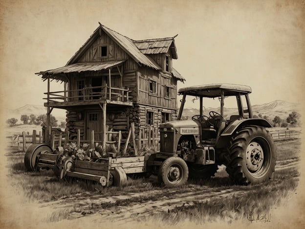 Auf dem Bild ist eine rustikale Finca mit einem alten Holzhaus und einem Traktor zu sehen. Die Finca zeigt Elemente, die mit Nachhaltigkeit und Umweltbewusstsein in Einklang stehen könnten. Beispielsweise könnte das Holzhaus aus nachhaltigen Materialien gefertigt sein und eine umweltfreundliche Bauweise repräsentieren. 

Der Traktor scheint für den Einsatz in der Landwirtschaft gedacht zu sein, was darauf hindeutet, dass dort möglicherweise biologische Anbaumethoden praktiziert werden. Eine solche Finca könnte auch einen Fokus auf erneuerbare Ressourcen, den Erhalt der Landschaft und den Anbau lokaler Pflanzen legen, um die Umwelt zu schützen und die Biodiversität zu fördern. Die ländliche Umgebung ist ideal, um ein harmonisches Verhältnis zur Natur zu pflegen und nachhaltige Praktiken zu implementieren.