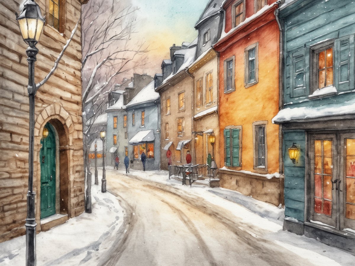 Eine malerische winterliche Szene zeigt eine verschneite Gasse in der Altstadt von Quebec City während der romantischen Adventszeit. Die schmalen, farbenfrohen Häuser mit ihren charmanten Fensterläden strahlen eine warme, einladende Atmosphäre aus. Sanfte Lichter leuchten durch die Fenster und reflektieren ein Gefühl von Gemütlichkeit. Die Straßen sind mit frisch gefallenem Schnee bedeckt, und einzelne Passanten schlendern gemächlich durch die idyllische Umgebung. Straßenlaternen spenden sanftes Licht und unterstreichen den nostalgischen Charakter der alten Architektur.