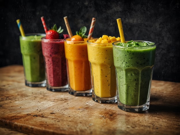 Auf dem Bild sind fünf bunte Smoothies in Gläsern zu sehen. Diese kulinarischen Highlights sind ideal nach dem Sport, da sie reich an Vitaminen und Mineralstoffen sind. Der grüne Smoothie könnte Spinat oder Grünkohl enthalten, während die anderen in verschiedenen Farben (rot, orange, gelb) wahrscheinlich Früchte wie Beeren, Mango oder Banane enthalten. Smoothies sind eine hervorragende Möglichkeit, den Körper mit Flüssigkeit und Nährstoffen zu versorgen und die Regeneration nach dem Training zu unterstützen.