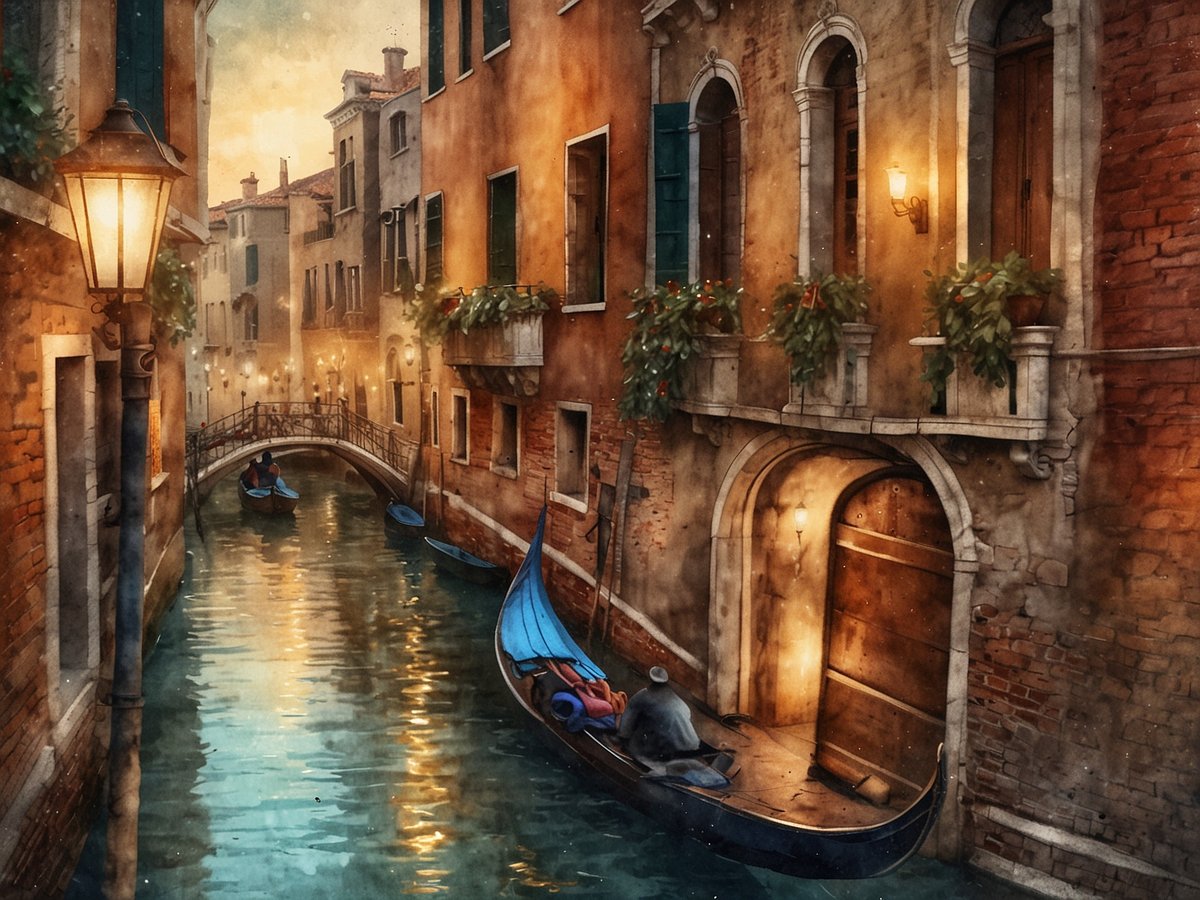 Eine malerische venezianische Kulisse mit einem schmalen Kanal, der von historischen Gebäuden mit roten Ziegeln und grünen Fensterläden flankiert wird. Sanftes Licht von Laternen reflektiert sich auf der Wasseroberfläche, während zwei Gondeln auf dem ruhigen Wasser treiben. Im Hintergrund verleiht eine kleine Brücke der Szene einen romantischen Charme, umgeben von blühenden Blumenkästen. Der Himmel ist in warmen Gelbtönen gefärbt, was dem Bild eine festliche, weihnachtliche Atmosphäre verleiht.