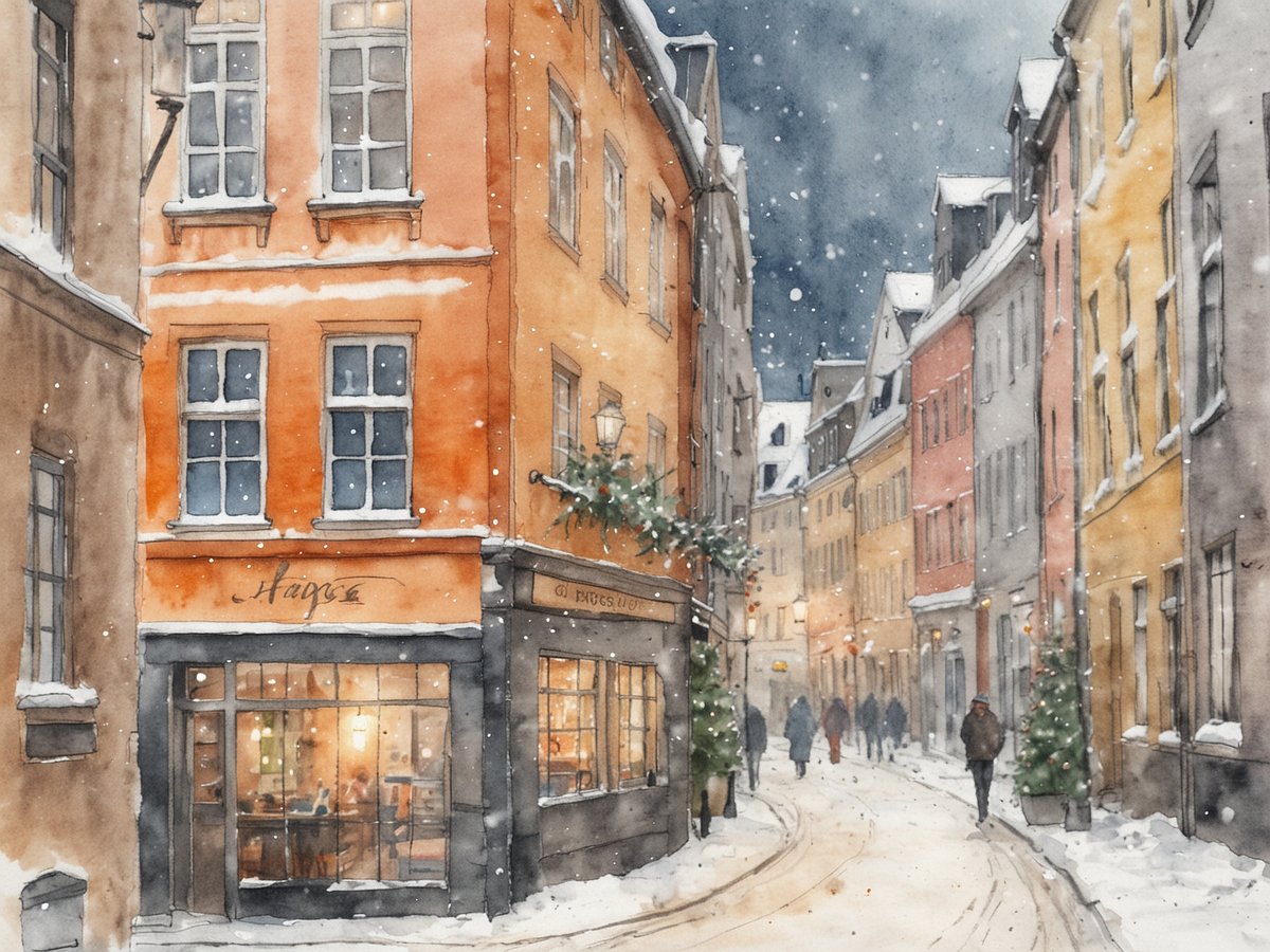 Eine malerische Gasse in Kopenhagen während des Winters, bedeckt von frischem Schnee. Die Häuser sind in warmen Farben gehalten, insbesondere ein orangefarbenes Gebäude mit großen Fenstern, das eine gemütliche Café-Atmosphäre ausstrahlt. Sanfte Lichter erhellen die Szenerie und Weihnachtsdekoration schmückt die Umgebung. Menschen schlendern gemächlich durch die schneebedeckte Straße, während leichte Schneeflocken fallen. Im Hintergrund sind weitere historische Gebäude zu sehen, die den charmanten, festlichen Charakter der Stadt unterstreichen.