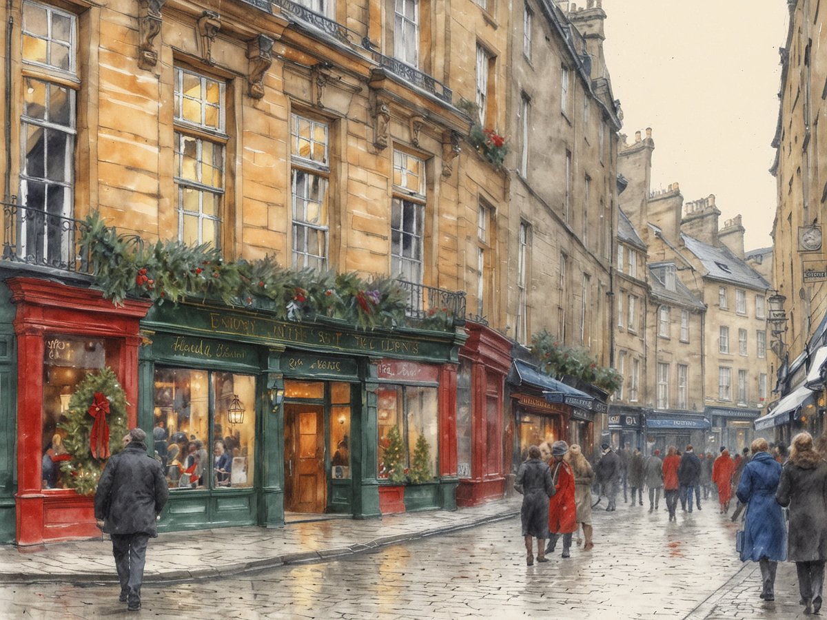 Eine malerische Straße in Edinburgh, geschmückt für die festliche Adventszeit. Die Architektur der Gebäude zeigt den klassischen Stil mit gelben Steinfassaden. In den Fenstern der Geschäfte sind weihnachtliche Dekorationen und Lichter zu sehen. Auf der linken Seite steht ein festlich geschmückter Laden mit einem Kranz, während Passanten in winterlicher Kleidung, einige davon in roten Mänteln, entlang der Straße flanieren. Der Himmel ist grau und der Boden reflektiert das Licht, was eine stimmungsvolle Atmosphäre schafft.