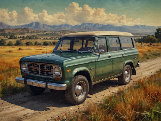 Auf dem Bild ist ein grüner SUV zu sehen, der auf einem unbefestigten Weg in einer ländlichen Umgebung steht. Im Hintergrund zieht sich eine malerische Landschaft mit sanften Hügeln und vereinzelten Bäumen bis zum Horizont. Der Himmel ist blau und mit einigen Wolken verziert, was eine idyllische Atmosphäre schafft. Der geländetaugliche Charakter des Fahrzeugs scheint gut zur Umgebung zu passen, und die gesamte Szene vermittelt ein Gefühl von Abenteuer und Naturverbundenheit.