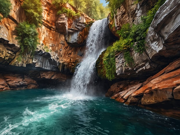 Auf dem Bild ist ein malerischer Wasserfall zu sehen, der in einen klaren, blauen Pool aus Wasser stürzt. Um den Wasserfall herum sind hohe, felsige Wände, die mit üppigem Grün bewachsen sind. Diese Umgebung lädt zu verschiedenen Aktivitäten ein:

1. **Schwimmen**: Der Pool bietet eine herrliche Möglichkeit, sich im erfrischenden Wasser abzukühlen.
2. **Wandern**: Die Felsen bieten interessante Wege, um die Natur zu erkunden.
3. **Fotografie**: Die einzigartige Landschaft ist perfekt für beeindruckende Fotografien.
4. **Picknicken**: Man könnte eine Pause machen und die Aussicht genießen.

Die gesamte Szenerie strahlt Ruhe und Naturschönheit aus, ideal für Outdoor-Aktivitäten.