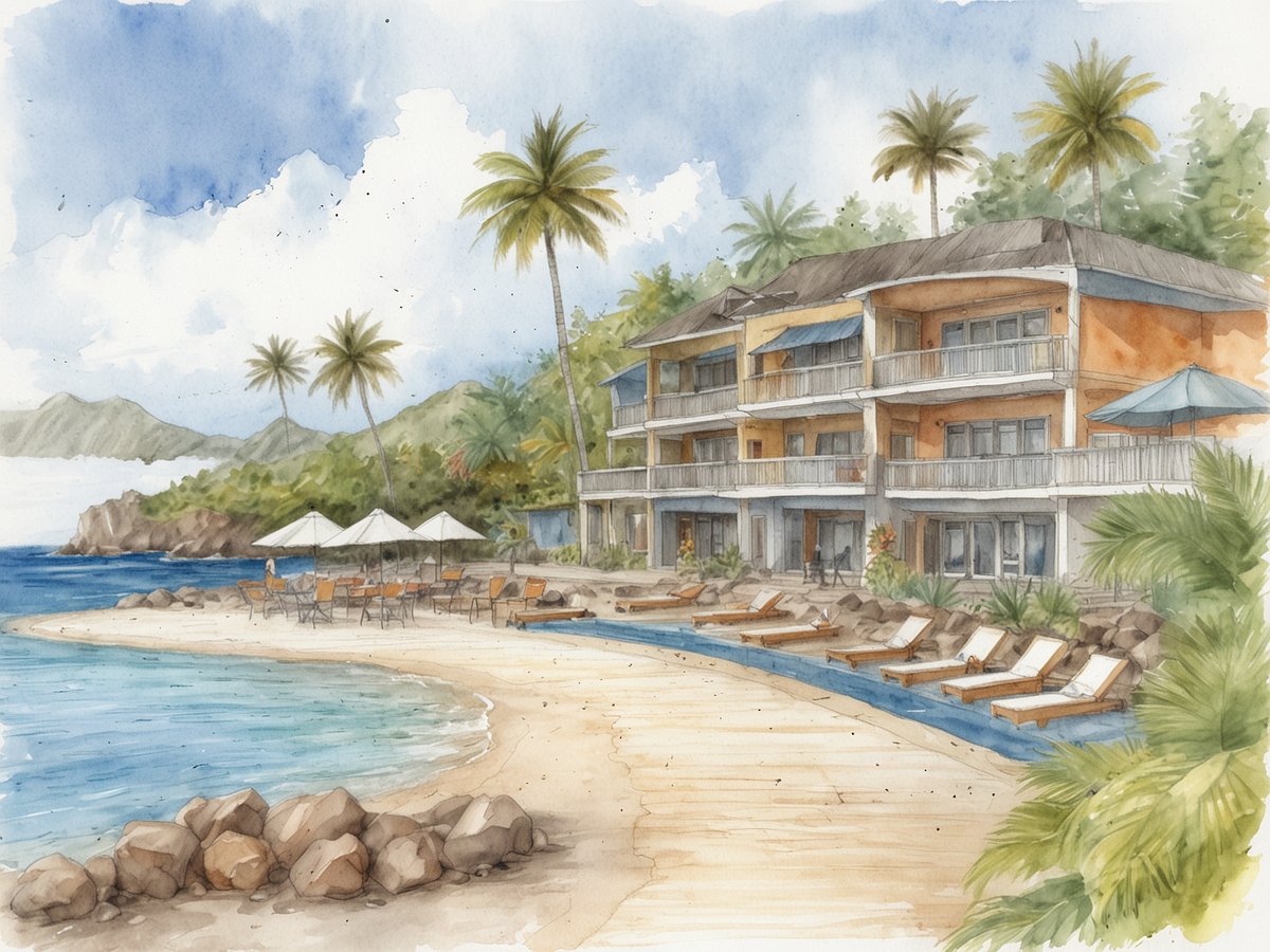 Das Bild zeigt das Coconut Bay Beach Resort in St. Lucia, umgeben von einer malerischen Küstenlandschaft. Die Architektur des Resorts besteht aus mehreren Stockwerken mit Balkonen und hellen Fassaden. Im Vordergrund ist ein schöner Sandstrand mit Sonnenliegen und Sonnenschirmen zu sehen, die entlang des Ufers aufgestellt sind. Palmen säumen die Küste und im Hintergrund sind sanfte Hügel und ein klarer blauer Himmel mit einigen Wolken zu erkennen, was eine entspannende Urlaubsatmosphäre schafft.