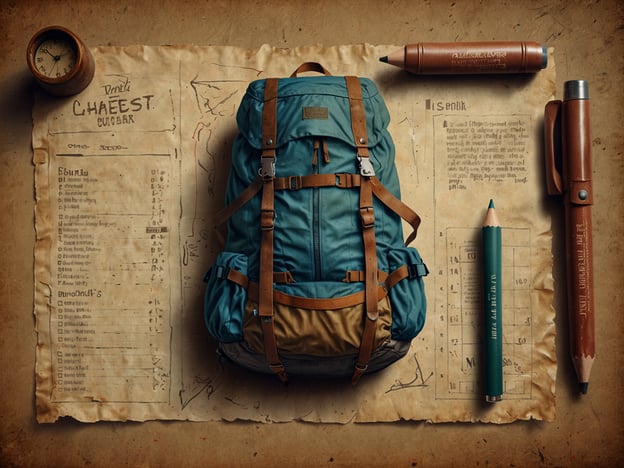 Auf dem Bild ist ein Rucksack zu sehen, der bereit für eine Wanderung scheint. Um den Rucksack herum liegen verschiedene Utensilien, die nützlich für die Vorbereitung auf eine Wanderung sind, wie eine Karte oder eine Liste, Stifte sowie eine Uhr. Diese Gegenstände deuten darauf hin, dass jemand sich auf einen Ausflug in die Natur vorbereitet, möglicherweise mit einem Fokus auf Planung und Organisation.