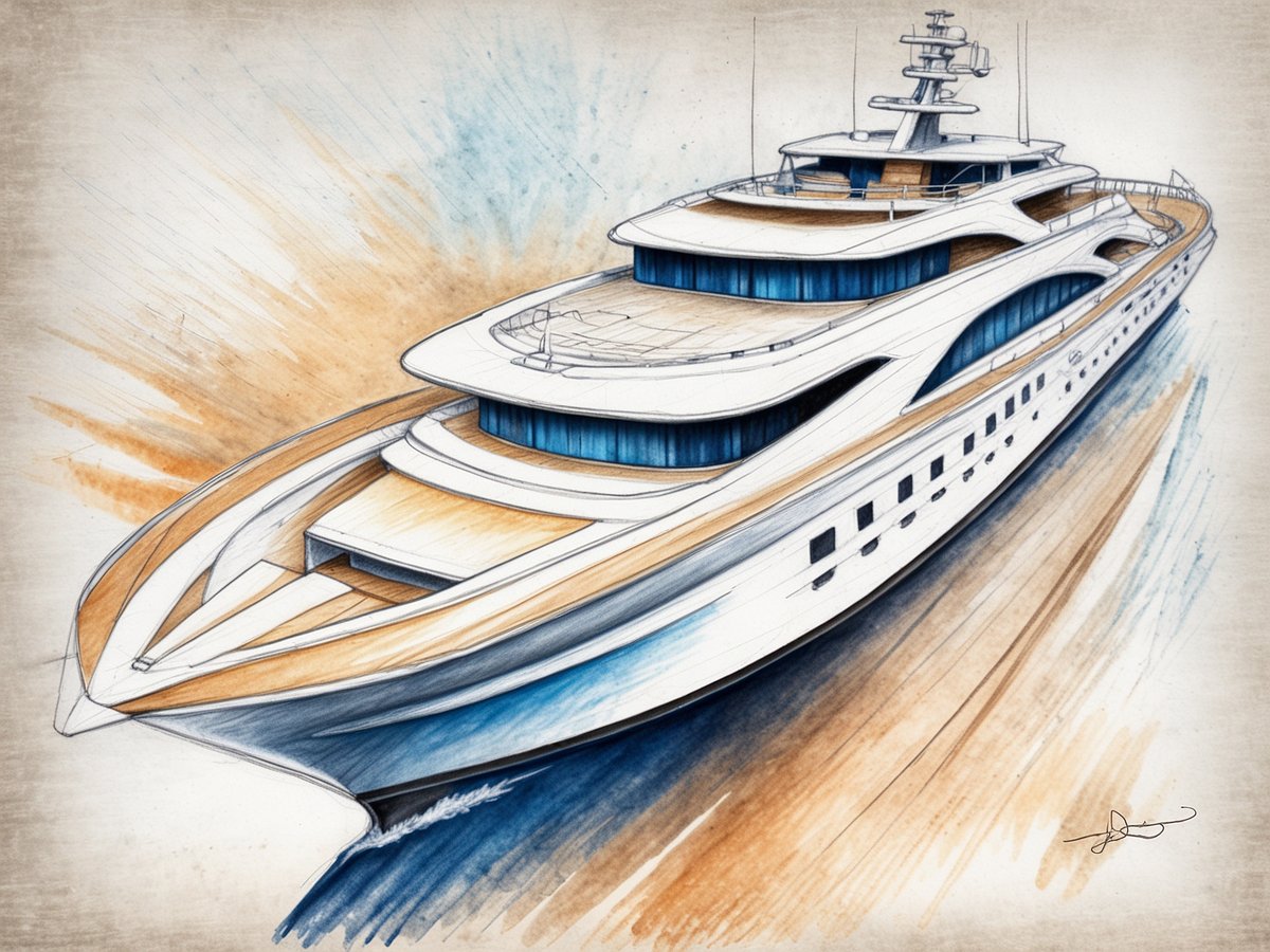 Eine elegante Luxusyacht mit einem schlanken, modernen Design schneidet durch das Wasser. Ihr Rumpf ist in Blau und Weiß gehalten, während helle Holzelemente auf den Decks hervortreten. Die Yacht besitzt große Fenster und mehrere Decks, die zum Entspannen einladen. Im Hintergrund ist eine sanfte Farbverläufe in Weiß und Beige zu sehen, die die luxuriöse Atmosphäre unterstreichen und den Eindruck von unvergesslichen Ferien verstärken.