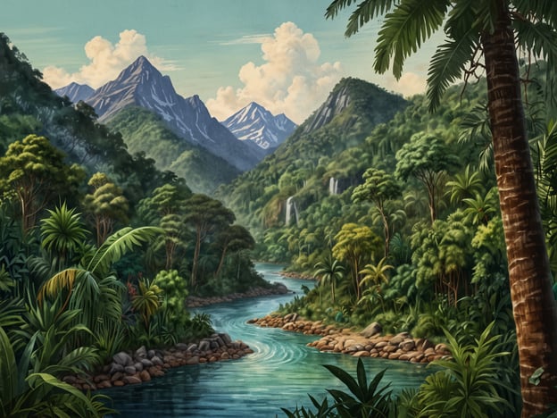 Auf dem Bild ist eine malerische Landschaft zu sehen, die von üppiger Vegetation und majestätischen Bergen geprägt ist. Die Landschaft ähnelt der einzigartigen Geografie des La Amistad Internationalparks, der sich an der Grenze zwischen Costa Rica und Panama erstreckt. 

In diesem Park finden sich hohe Berge, dichte Regenwälder und klare Flüsse, die zusammen eine reiche Biodiversität unterstützen. Die umgebenden Berge könnten die vulkanischen Ausläufer der Region darstellen, während die üppige Flora die vielfältigen Pflanzenarten widerspiegelt, die im Park vorkommen. Solche Landschaften sind charakteristisch für La Amistad und fördern zahlreiche Outdoor-Aktivitäten und ökologischen Tourismus.