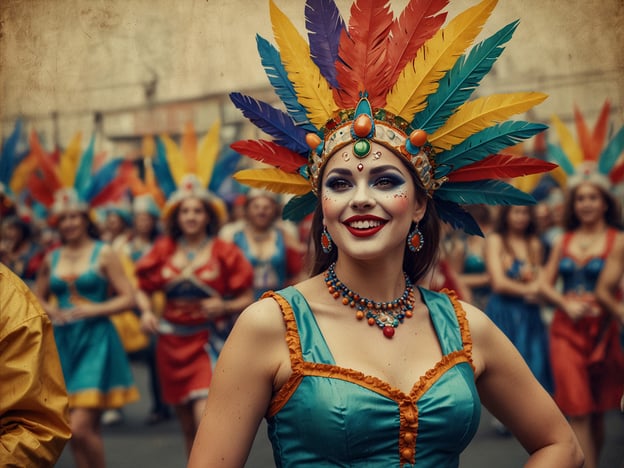 Auf dem Bild sind fröhliche Feiernde zu sehen, die in bunten Kostümen am Karneval teilnehmen. Ihre farbenfrohen Federkopfbedeckungen und das geschminkte Gesicht sind typische Elemente von Karnevalsfeiern, die oft reich an Traditionen sind.

In vielen Kulturen, wie zum Beispiel in Brasilien oder dem Rheinland, findet der Karneval großen Zuspruch. Traditionell geht es darum, das Leben zu feiern und sich von den Sorgen des Alltags zu befreien. Die Menschen verkleiden sich in aufwendige Kostüme, nehmen an Umzügen teil und tanzen zu lebhafter Musik. 

Eine bedeutende Tradition ist das "Kamelle werfen", bei dem Süßigkeiten und kleine Geschenke in die Menge geworfen werden, um die Zuschauer zu erfreuen. Auch der Brauch der "Fasnacht" mit seinen Umzügen und Masken ist weit verbreitet, wobei Masken oft symbolisch für den Übergang von der Winter- zur Frühlingszeit stehen. 

Insgesamt spiegelt das Bild die Lebensfreude und den Gemeinschaftsgeist wider, die während des Karnevals zelebriert werden.