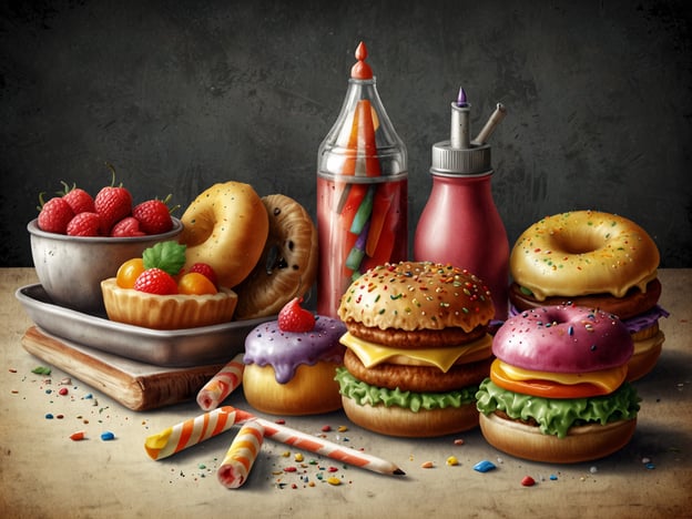 Auf dem Bild sind eine Vielzahl von kulinarischen Köstlichkeiten zu sehen, die perfekt für den Karneval geeignet sind. Es gibt bunte Donuts, die mit Zuckerguss und Streuseln dekoriert sind, sowie schmackhafte Burger, die appetitlich geschichtet sind. Dazu kommen frische Beeren in einer Schale und kleine Früchte in einer Törtchenform. Die bunten Zuckerstangen und ein Spritzwerkzeug für Saucen verleihen dem Ganzen eine festliche Note. Diese Leckereien sorgen für gute Laune und Genuss während der närrischen Tage!