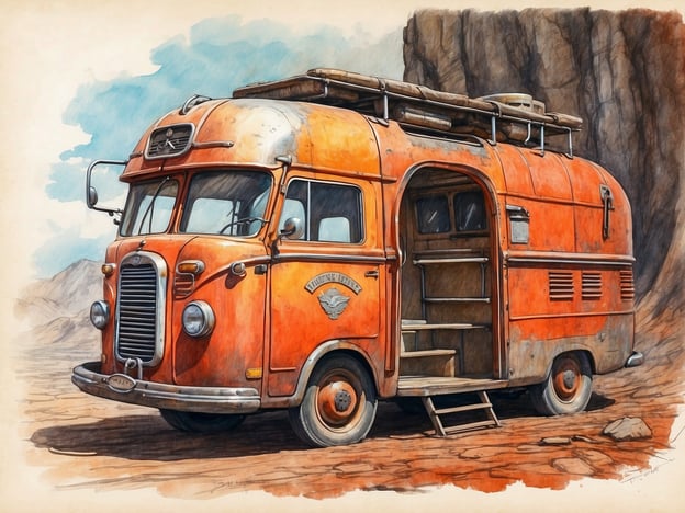 Auf dem Bild ist ein orangefarbener, nostalgischer Kleinbus zu sehen, der in einer felsigen Landschaft steht. Die Fahrzeugfront hat einen markanten Grill, und die Seitentüren sind geöffnet, was einen Blick in das Innere ermöglicht. Der Bus erinnert an die älteren Modelle und hat einen rustikalen Charakter, der gut zur Umgebung passt. Diese Szene könnte einer Bergwerkstour dienen, da der Bus einen robusten Eindruck vermittelt und gut in eine solche Umgebung passt.