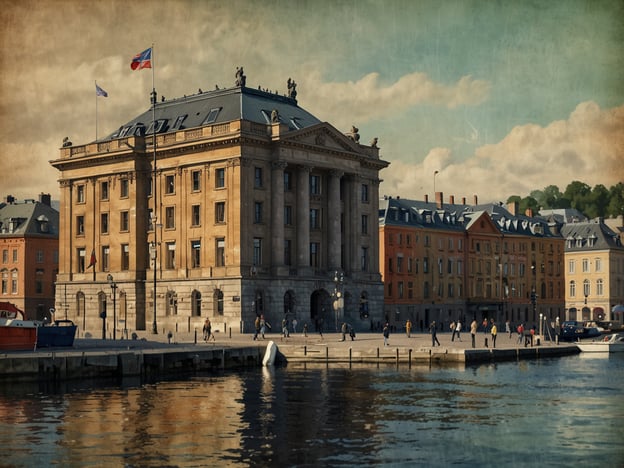 Auf dem Bild ist ein beeindruckendes Gebäude zu sehen, das direkt am Wasser steht. Es zeigt eine klassische Architektur mit großen Fenstern und einem markanten Dach. Vor dem Gebäude sind Menschen zu sehen, die entlang des Ufers spazieren. Entdecke die kulturellen Schätze Oslos, wo historische Gebäude und wunderschöne Hafenansichten zusammentreffen. Die Mischung aus moderner Lebensart und geschichtlicher Bedeutung macht diesen Ort besonders faszinierend.