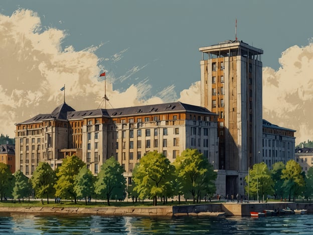 Auf dem Bild ist ein beeindruckendes architektonisches Gebäude in Oslo abgebildet. Es zeigt eine Mischung aus modernen und klassischen Elementen, die typisch für viele Bauwerke in der Stadt sind. Die markante Fassade und der hohe Turm wirken sowohl majestätisch als auch funktional und spiegeln den Stil der 20. Jahrhunderts wider. 

Umgeben von einer malerischen Landschaft mit Bäumen und Wasser vermittelt das Bauwerk ein Gefühl von Harmonie zwischen Architektur und Natur. Oslo ist bekannt für seine faszinierende Architektur, die sowohl historische als auch zeitgenössische Stile umfasst. Diese Bauwerke sind nicht nur funktional, sondern auch Ausdruck der kulturellen Identität der Stadt.