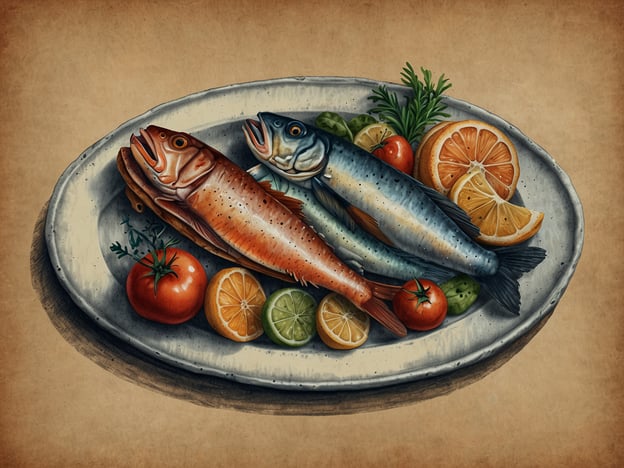 Auf dem Bild sind frische Fische, möglicherweise Forelle und Hering, auf einem Teller angerichtet. Dazu liegen verschiedene Zitrusfrüchte wie Zitronen und Limetten sowie Tomaten. Diese Kombination erinnert an die norwegische Küche, die für ihre Fenster und Gerichte mit frischem Fisch bekannt ist. Besonders der Räucherlachs oder die traditionelle „lutefisk“ sind beliebte Spezialitäten. Die Verwendung von frischen Zutaten und Zitrusfrüchten ist ebenfalls typisch für die Zubereitung von Fischgerichten in Norwegen.