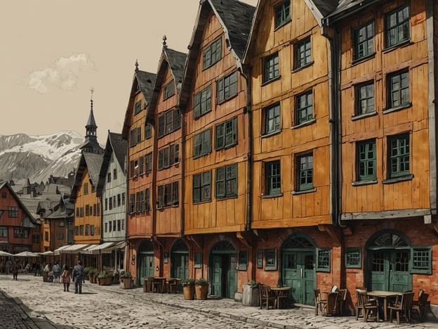 Auf dem Bild sind farbenfrohe, historische Gebäude zu sehen, die an einem gepflasterten Weg stehen. Die Architektur erinnert an das Erbe von Bryggen: UNESCO-Weltkulturerbe, das für seine charakteristischen Holzgebäude und seine historische Bedeutung bekannt ist. Im Hintergrund sind die Berge zu sehen, was die malerische Kulisse unterstreicht. Es scheint eine belebte Atmosphäre zu herrschen, mit Passanten und dekorierten Außenbereichen.