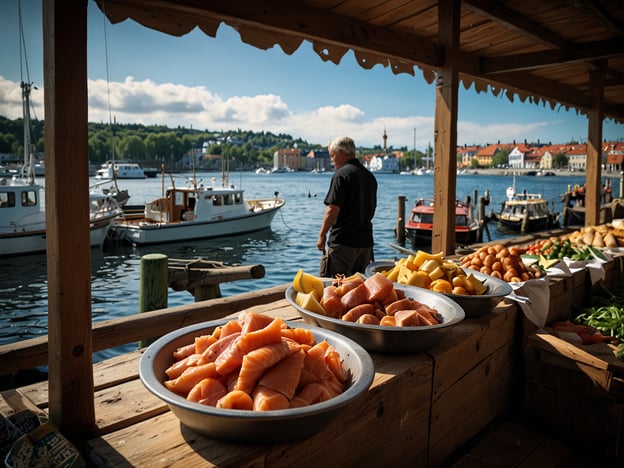 Auf dem Bild ist eine lebhafte Hafenatmosphäre zu sehen, die an die bunten Märkte in Bergen erinnert. Im Vordergrund sind Schalen mit frischem Fisch, insbesondere Lachs, und verschiedenen Früchten und Gemüsesorten auf einem Marktstand angeordnet. Im Hintergrund sind mehrere Boote im Wasser zu sehen, die schaukeln, sowie eine malerische Kulisse mit bunten Häusern am Hafen. Eine Person steht in der Nähe des Marktes und genießt die maritime Umgebung. Das Bild strahlt eine frische und einladende Stimmung aus, die typisch für die lebendige Hafenstadt Bergen ist.