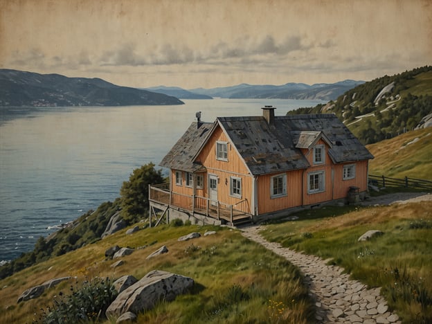 Auf dem Bild ist ein malerisches, altes Holzhaus zu sehen, das auf einem Hügel mit Blick auf einen Fjord steht. Die Umgebung ist von grünen Wiesen und Felsen geprägt, was eine ruhige und idyllische Atmosphäre schafft.

In Bergen, Norwegen, könnte man an kulturelle Highlights wie den historischen Hanseviertel Bryggen denken, das für seine bunten Holzhäuser bekannt ist. Zudem zieht der Fløyen, ein Berg mit atemberaubender Aussicht auf die Stadt, viele Besucher an. Die Edvard Grieg-Halle und das Fischmarkt sind weitere wichtige kulturelle Anlaufstellen, die die Verbindung zur Geschichte und Natur der Region verdeutlichen.