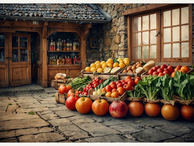 Auf dem Bild sieht man eine bunte Auswahl von frischem Obst und Gemüse, die auf einem Markt oder in einem Verkaufsstand präsentiert ist. Es gibt verschiedene Apfelsorten, Tomaten, Zitrusfrüchte wie Zitronen und Orangen, sowie frisches Gemüse wie Blattsalat. Diese Produkte könnten in Bergregionen erhältlich sein, wo lokale Bauern ihre Erzeugnisse direkt verkaufen. Solche Märkte sind oft ein beliebter Ort, um frische Lebensmittel zu kaufen und regionale Spezialitäten zu probieren.