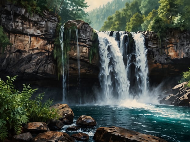 Auf dem Bild sind die majestätischen Wasserfälle der Region zu sehen, die von hohen Felsen umgeben sind. Das Wasser stürzt in einen klaren Teich, während die üppige grüne Vegetation in der Umgebung eine malerische Kulisse schafft. Die Szenerie vermittelt ein Gefühl von Ruhe und natürlicher Schönheit.