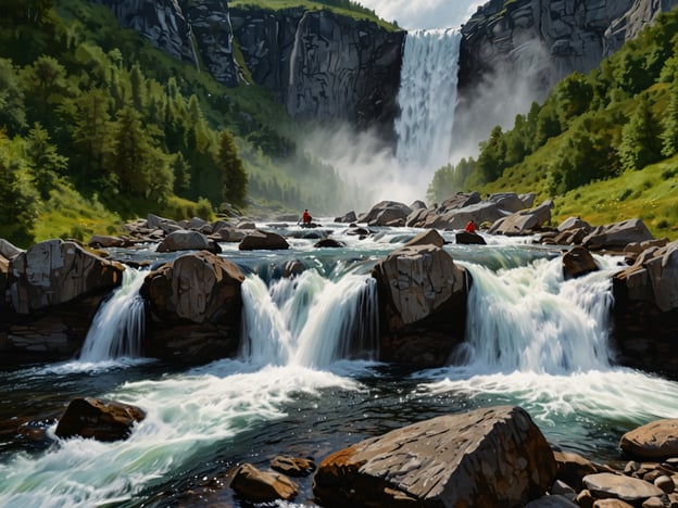 Auf dem Bild sieht man eine malerische Landschaft mit Wasserfällen und einem klaren Fluss, umgeben von üppigem Grün und hohen Bergen. Im Geirangerfjord kann man ähnliche beeindruckende Naturszenen erleben, bei Aktivitäten wie:

1. **Wanderungen**: Entdecken Sie atemberaubende Aussichten auf gut markierten Wanderwegen, die zu spektakulären Aussichtspunkten führen.
2. **Kajakfahrten**: Paddeln Sie durch die ruhigen Gewässer des Fjords und erleben Sie die Umgebung aus einer anderen Perspektive.
3. **Bootstouren**: Unternehmen Sie eine geführte Bootstour, um die majestätischen Wasserfälle und die steilen Klippen zu bewundern.
4. **Naturbeobachtung**: Halten Sie Ausschau nach Wildtieren und genießen Sie die vielfältige Flora und Fauna der Region.

Der Geirangerfjord bietet zahlreiche Möglichkeiten, die Natur hautnah zu erleben und die Schönheit der norwegischen Landschaft zu genießen.