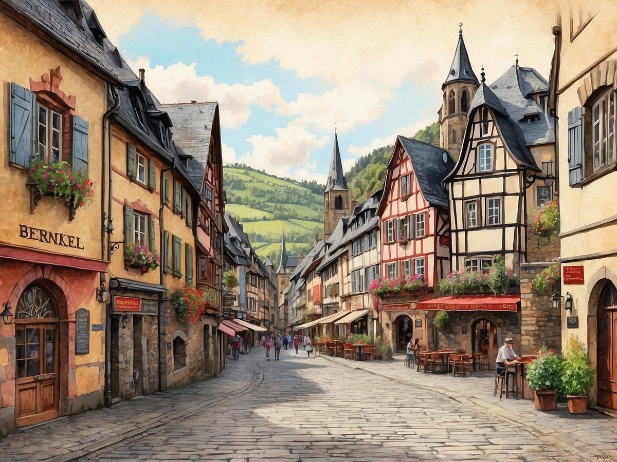 Blick auf eine malerische Straße in Bernkastel-Kues mit historischen Fachwerkhäusern. Die Gebäude sind bunt und mit Blumenkästen geschmückt. In der Mitte der Straße sind Menschen unterwegs, einige sitzen an Tischen in Cafés. Im Hintergrund sind sanfte Hügel zu sehen, und zwei Kirche Türme erheben sich über die Häuser. Der Himmel ist blau mit vereinzelten Wolken.