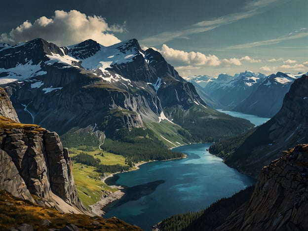 Auf dem Bild ist eine beeindruckende Landschaft mit majestätischen Bergen und einem glitzernden Gewässer zu sehen. Die Berge sind teilweise schneebedeckt und laden zu Aktivitäten in der Natur ein. Diese Art von Naturansicht erinnert an die Fjorde Norwegens, möglicherweise an Trolltunga, einem bekannten Naturwunder, das spektakuläre Ausblicke bietet und Wanderer anzieht. Die Kombination aus Wasser, grünen Wiesen und steilen Klippen vermittelt ein Gefühl von unberührter Schönheit und Wildnis.