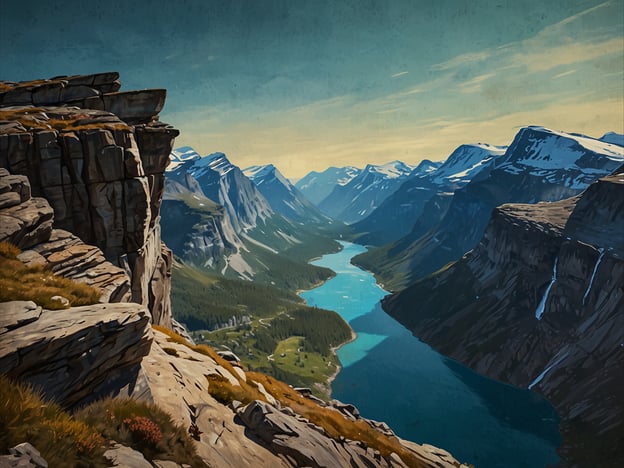 Auf dem Bild ist eine beeindruckende Landschaft zu sehen, die die atemberaubende Wanderung zur Trolltunga widerspiegelt. Wir sehen hohe Berge, die von schneebedeckten Gipfeln und steilen Klippen geprägt sind. In der Mitte fließt ein klarer, blauer Wasserfluss zwischen den Bergen, umgeben von grünen Tälern. Diese Szenerie vermittelt das Gefühl von Naturgewalt und unberührter Schönheit, typisch für die Region Norwegen.