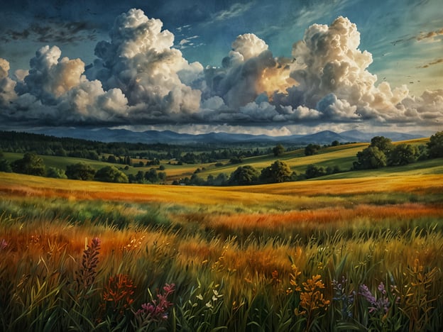 Auf dem Bild ist eine malerische Landschaft zu sehen, die von weiten, sanften Hügeln und einem bunten Feld mit hohen Gräsern und Blumen geprägt ist. Der Himmel ist mit eindrucksvollen, fluffigen Wolken geschmückt, die das Licht auf faszinierende Weise reflektieren. 

**Erlebnis:** Man könnte sich vorstellen, wie die sanfte Brise über die Wiesen weht und die Farben im Sonnenlicht leuchten. Es ist eine Stimmung der Ruhe und des Friedens, die zum Verweilen einlädt.

**Ausblick:** Was dich erwartet, ist eine Einladung, durch diese natürliche Schönheit zu spazieren, die frische Luft einzuatmen und die Vielfalt der Natur zu entdecken. Es ist ein Ort, an dem man die Sorgen des Alltags hinter sich lassen kann und den Zauber der Landschaft genießen darf.