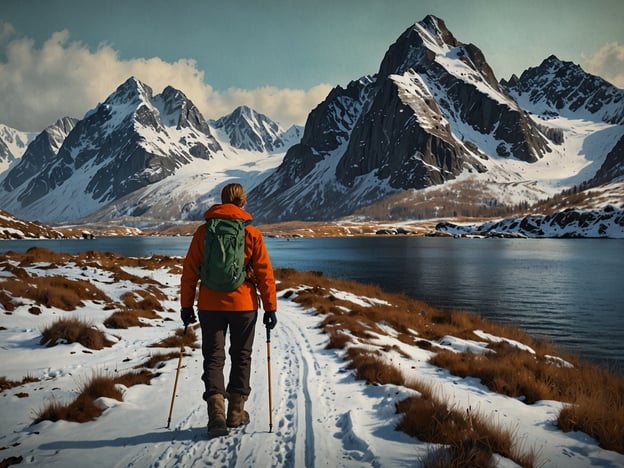 Auf dem Bild ist eine Person zu sehen, die in einem winterlichen Landschaftsbild auf den Lofoten wandert. Umgeben von majestätischen, schneebedeckten Bergen und einem ruhigen, gefrorenen Gewässer, könnte die Person auf einem der zahlreichen Wanderwege der Lofoten unterwegs sein. Diese Region bietet fantastische Möglichkeiten für Aktivitäten wie Schneewandern, Fotografieren der beeindruckenden Natur und sogar Rentierritte. Nach einem langen Tag in der Natur kann man auch an Orten wie Reine die lokale Küche genießen oder die spektakulären Nordlichter bestaunen. Es ist ein perfektes Ziel für Abenteuerlustige, die die unberührte Natur erleben möchten.