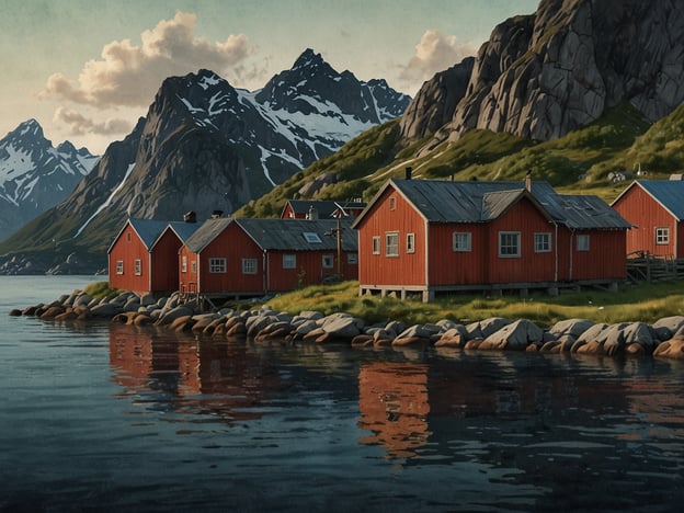 Auf dem Bild sind charakteristische rote Holzhäuser zu sehen, die entlang einer Küste stehen. Diese Architektur ist typisch für die Lofoten, eine Inselgruppe in Norwegen, bekannt für ihre beeindruckenden Landschaften aus Bergen und Fjorden. Die rote Farbe der Häuser, oft Reihencottages oder „Rorbuer“ genannt, hat eine lange Tradition, die mit der Fischerei verbunden ist. Historisch gesehen lebten Fischer in diesen Hütten während der intensiven Fischerei-Saison, insbesondere während des Lofoten-Fischfangs im Winter, wenn der Kabeljau in großen Mengen gefangen wurde.

Die umliegenden Berge und das ruhige Wasser spiegeln die atemberaubende Natur der Region wider, die nicht nur für ihre Schönheit, sondern auch für ihre reiche Kultur bekannt ist. Die Lofoten sind auch ein Ort des kulturellen Erbes, wo alte Traditionen der Fischerei, Kunst und Handwerk weiterhin gepflegt werden. In den letzten Jahren hat sich der Tourismus verstärkt, was zur Erhaltung und Wiederbelebung der traditionsreichen Siedlungen beiträgt.