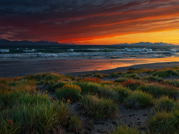 Auf dem Bild ist eine malerische Küstenlandschaft bei Sonnenuntergang zu sehen, mit Wellen, die sanft an einen sandigen Strand schlagen, und üppigem Grün im Vordergrund. 

Die beste Reisezeit für die Lofoten-Inseln ist in der Regel von Mai bis September, wenn das Wetter milder ist und die Tage länger werden, was ideale Bedingungen für die Erkundung der atemberaubenden Landschaft bietet. In dieser Zeit gibt es auch bessere Chancen, die Mitternachtssonne zu erleben.