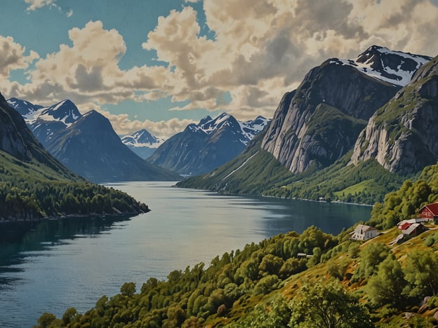 Das Bild zeigt eine beeindruckende Landschaft, die an den Aufstieg zum Preikestolen erinnert. Man sieht Berge, die von grünen Wäldern und einem ruhigen Wasserlauf umgeben sind. Im Hintergrund erstrecken sich schneebedeckte Gipfel unter einem blauen Himmel mit einigen Wolken. Es gibt auch einige Häuser in der Nähe des Ufers, die eine friedliche und idyllische Atmosphäre vermitteln.