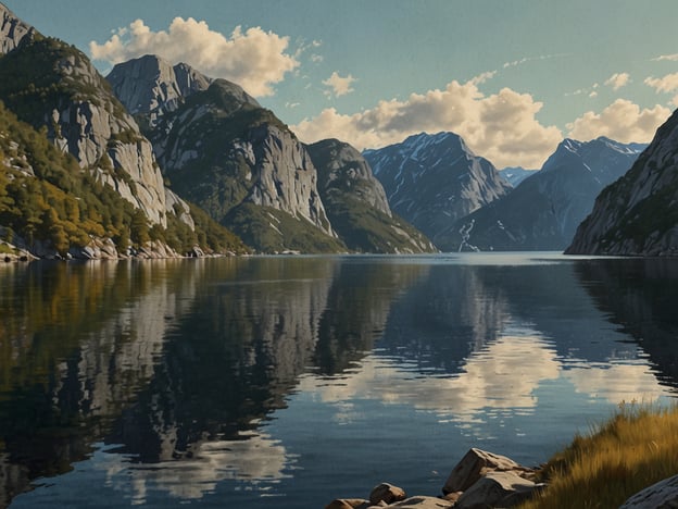 Auf dem Bild ist ein beeindruckender Ausblick zu sehen, der an den Preikestolen erinnert. Die majestätischen Berge umrahmen einen ruhigen Fjord, dessen Wasser die dramatischen Felsen und den Himmel spiegelt. Die sanften Wolken ziehen über den blauen Himmel und verleihen der Szenerie eine friedliche Atmosphäre. Die üppige Vegetation an den Ufern des Wassers bietet einen schönen Kontrast zum steinigen Terrain. Ein wahrhaft atemberaubendes Naturbild, das den Betrachter in die Ruhe und Schönheit der norwegischen Landschaft eintauchen lässt.