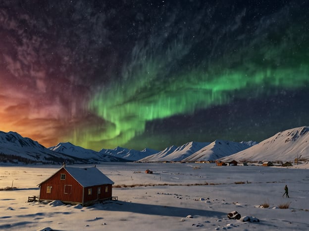 Auf dem Bild ist eine atemberaubende Szene mit einem roten Holzhaus in einer verschneiten Landschaft zu sehen, während das Nordlicht in lebhaften Grüntönen den Himmel erhellt. Die Umgebung ist von majestätischen Bergen umgeben, und der Himmel zeigt sowohl Sterne als auch Farben des Sonnenuntergangs.

### Anreise:
1. **Flugzeug**: Der nächstgelegene Flughafen ist meist in einer größeren Stadt, wie z.B. Reykjavik, wenn du in Island bist. Von dort aus gibt es regelmäßig Inlandsflüge oder Busverbindungen zu abgelegenen Orten.
2. **Auto**: Miete ein Auto, um die malerischen Landschaften und Naturwunder zu erkunden. Achte darauf, dass du ein geeigneteres Fahrzeug für winterliche Bedingungen wählst.

### Praktische Tipps:
- **Zeitpunkt**: Besuche die Region während des Winters (von Oktober bis März), um die besten Chancen auf das Nordlicht zu haben.
- **Kleidung**: Ziehe dich warm an! Mehrere Schichten, eine wasserdichte Jacke, Handschuhe und eine warme Mütze sind essentiell.
- **Unterkunft**: Buche im Voraus, insbesondere in beliebten Regionen. Viele Orte bieten spezielle Nordlicht-Beobachtungsangebote.
- **Fotografie**: Bring ein Stativ und eine Kamera mit manuellen Einstellungen mit, um das Nordlicht optimal festzuhalten.
- **Geduld**: Manchmal muss man etwas warten, um das Nordlicht in voller Pracht zu sehen – bringe eine Decke mit und genieße die Schönheit der Umgebung!