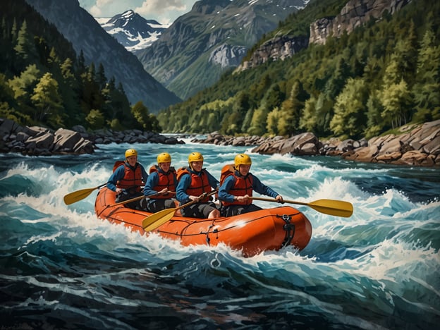 Auf dem Bild sieht man eine Gruppe von Menschen, die in einem Raft auf einem wilden Fluss paddeln. Diese Aktivität erinnert an Rafting-Touren, die in und um Flåm sehr beliebt sind. Flåm ist bekannt für seine beeindruckenden Fjordlandschaften und aufregenden Outdoor-Aktivitäten. Neben Rafting können Besucher auch Wanderungen in der umliegenden Natur unternehmen, die berühmte Flåmbahn erleben oder die atemberaubenden Wasserfälle und Aussichtspunkte der Region erkunden.