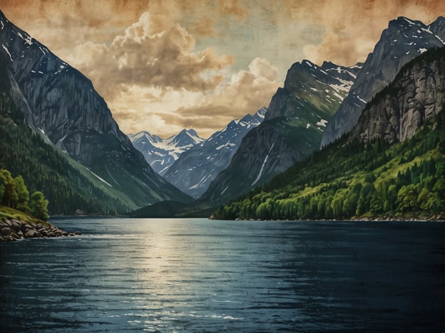 Auf dem Bild sieht man eine atemberaubende Landschaft, die an die Faszination des Nærøyfjords erinnert. Majestätische Berge ragen links und rechts auf, bedeckt mit reichlich Grün und schneebedeckten Gipfeln. In der Mitte fließt ein ruhiger Fjord, dessen Wasser sanft die Umgebung reflektiert. Über dem Szenario breiten sich dramatische Wolken aus, die das Licht des Sonnenuntergangs einfangen und der Szenerie eine warme, bezaubernde Atmosphäre verleihen. Diese Komposition vermittelt die unberührte Schönheit und Erhabenheit der norwegischen Fjordlandschaften.