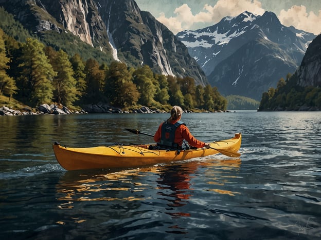 Auf dem Bild ist eine Person zu sehen, die in einem gelben Kajak auf dem Wasser des Nærøyfjords paddelt. Dieser Fjord ist bekannt für seine spektakuläre Landschaft mit steilen Bergen und malerischen Uferlinien. Aktivitäten im Nærøyfjord umfassen Kajakfahren, Wandern und Bootstouren, die es den Besuchern ermöglichen, die beeindruckende Natur und die friedliche Umgebung zu genießen. Das Wasser reflektiert die umliegenden Berge und Bäume, was eine idyllische Atmosphäre schafft.