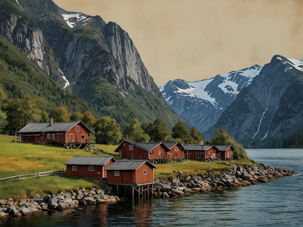 Auf dem Bild sind malerische rote Holzhäuser zu sehen, die am Ufer eines fjordartigen Gewässers stehen, umgeben von majestätischen Bergen mit schneebedeckten Gipfeln. Diese Art von Landschaft und Architektur ist typisch für Norwegen, wo die traditionellen roten Hütten, auch bekannt als "rorbuer", häufig in Küstenregionen zu finden sind. Solche Gebäude wurden historisch von Fischern genutzt und sind ein wichtiger Teil des norwegischen Kulturerbes. 

Die Region könnte auch von der unberührten Natur und den Fjorden geprägt sein, die UNESCO-Weltkulturerbe sind, wie der Geirangerfjord oder der Nærøyfjord. Diese Gebiete ziehen Touristen an und sind bekannt für ihre atemberaubenden Landschaften und die Möglichkeit, Outdoor-Aktivitäten wie Wandern und Bootstouren zu unternehmen. Die Kombination aus beeindruckender Natur und traditioneller Architektur spiegelt die kulturellen Schätze der nordischen Länder wider.