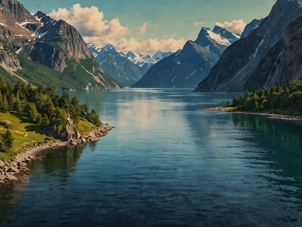 Auf dem Bild ist eine beeindruckende Landschaft zu sehen, die an die faszinierende Geographie des Sognefjords erinnert. Der Sognefjord, als längster und tiefster Fjord Norwegens, zeichnet sich durch seine steilen, schroffen Berge und das klare, ruhige Wasser aus. Die üppigen grünen Ufer und die schneebedeckten Gipfel im Hintergrund sind typische Merkmale dieser region, die eine einzigartige Kombination aus Fjordlandschaften und alpiner Natur bietet. Solche Szenarien ziehen nicht nur Naturliebhaber an, sondern bieten auch zahlreiche Möglichkeiten für Outdoor-Aktivitäten wie Wandern und Kajakfahren.