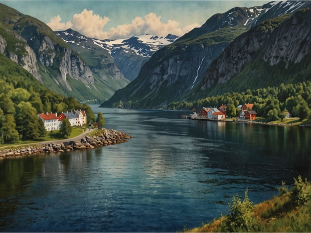 Auf dem Bild ist eine malerische Fjordlandschaft zu sehen, die an den Sognefjord erinnert, Norwegens längstem und tiefstem Fjord. Die Umgebung ist von hohen, majestätischen Bergen und üppigem Grün geprägt. Am Ufer des Fjords stehen einige charmante Gebäude, die typisch für die Region sind.

Eine mögliche Attraktion in dieser Gegend könnte das malerische Dorf Balestrand sein, bekannt für seine historischen Holzhäuser und Kunstszene. Auch der Nigardsbreen-Gletscher ist nicht weit entfernt und bietet spektakuläre Ausblicke. Die Wanderwege in der Umgebung laden dazu ein, die unberührte Natur zu erkunden und die atemberaubende Aussicht auf den Fjord und die Berge zu genießen.