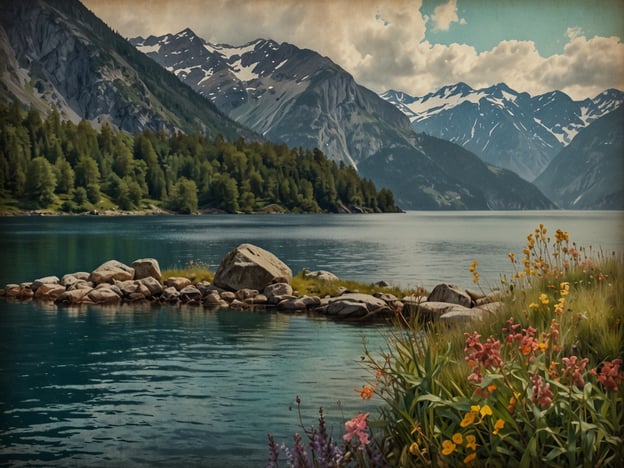 Auf dem Bild ist eine malerische Landschaft zu sehen, die die Natur rund um den Sognefjord widerspiegelt. Im Vordergrund sieht man grüne Wiesen mit bunten Blumen, die einen lebendigen Kontrast zur ruhigen Wasseroberfläche des Fjords bilden. Am Ufer sind große Steine zu erkennen, während im Hintergrund majestätische Berge mit schneebedeckten Gipfeln aufragen. Der Himmel ist teilweise bewölkt, was eine friedliche und idyllische Atmosphäre schafft. Die Szenerie verkörpert die atemberaubende Schönheit der norwegischen Fjordlandschaft.