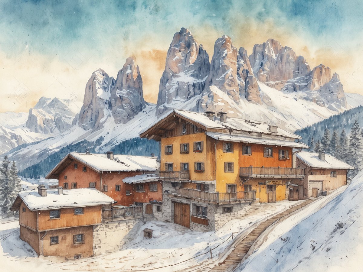 Ein verschneites Bergdorf in den Dolomiten mit mehreren traditionellen Hütten in warmen Farben. Die Gebäude sind von Schnee bedeckt und vor einer beeindruckenden Bergkulisse mit schroffen Gipfeln und bewaldeten Hängen angeordnet. Der Himmel zeigt sanfte Farbtöne, die die winterliche Atmosphäre unterstreichen. Der Weg zwischen den Hütten führt sanft den Hang hinauf und lädt zu Erkundungen ein.