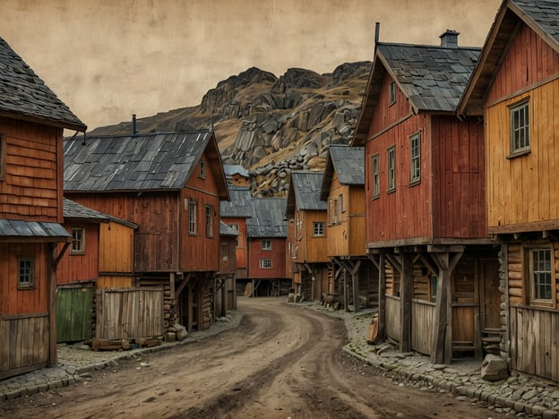 Auf dem Bild sind alte, hölzerne Gebäude in einer ländlichen Umgebung zu sehen, die an die Traditionen des Bergbaus erinnern. Diese Art von Architektur ist typisch für Røros, eine historische Stadt in Norwegen, die im 17. Jahrhundert gegründet wurde und für ihren Kupferbergbau bekannt ist. Die rot- und holzfarbenen Häuser reflektieren die bergbauliche Vergangenheit der Region, in der der Abbau von Kupfer nicht nur die Wirtschaft, sondern auch die soziale Struktur prägte. 

Røros war ein bedeutendes Bergbauzentrum, das UNESCO-Weltkulturerbe ist, und spiegelt die einzigartige Verbindung zwischen Mensch und Natur wider, die durch den Bergbau entstanden ist. Die steinigen Hügel im Hintergrund könnten die Überreste von alteingesessenen Bergwerken darstellen, die die Landschaft und Geschichte dieser faszinierenden Stadt formen.