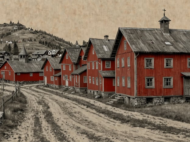 Auf dem Bild sind traditionelle rote Holzhäuser zu sehen, die typisch für die Architektur in Røros, Norwegen, sind. Diese Stadt ist bekannt für ihre gut erhaltene Bergbauarchitektur aus dem 17. und 18. Jahrhundert. Die charakteristischen roten Fassaden sind ein Markenzeichen von Røros und sind oft mit steinernen Fundamentsockereln erbaut, was zur stabilen Bauweise beiträgt. In der Umgebung sieht man Hügel und Wälder, die die malerische Kulisse der Region unterstreichen. Røros wurde 1980 zum UNESCO-Weltkulturerbe erklärt, was seine historische und kulturelle Bedeutung hervorhebt.