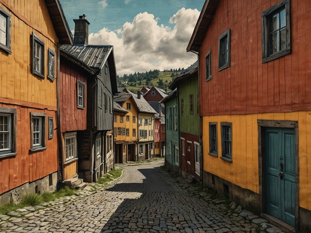 Auf dem Bild sind farbenfrohe, historische Holzhäuser zu sehen, die in einer malerischen Gasse stehen. Diese Landschaft könnte Røros sein, ein bekanntes UNESCO-Weltkulturerbe in Norwegen, das für seine gut erhaltene Holzarchitektur und seine historische Bergbaugeschichte berühmt ist. Die Straßen sind mit Pflastersteinen bedeckt und von Natur umgeben, was der Szene einen charmanten, nostalgischen Charakter verleiht.