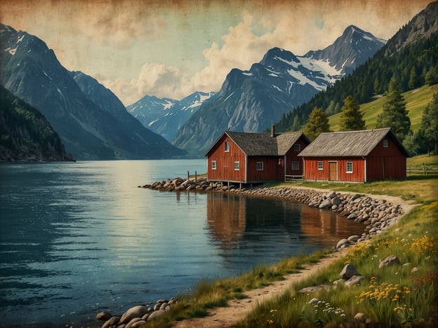 Das Bild zeigt eine idyllische Landschaft mit roten Holzhäusern am Ufer eines klaren Gewässers, umgeben von majestätischen Bergen und einer grünen Wiese. Diese Art von Motiven ist für die Region Stavanger in Norwegen typisch. Die Stadt hat eine faszinierende Geschichte, die bis ins Mittelalter zurückreicht. Als Zentrum des norwegischen Fischereihandels entwickelte sich Stavanger zu einer bedeutenden Hafenstadt. 

Die charmanten roten Häuser erinnern an die traditionelle Architektur der Region, die oft in der Nähe von Fjorden zu finden ist. Diese Kombination aus Natur und historischer Bauweise spiegelt den Reichtum der norwegischen Kultur und Geschichte wider, die tief mit der See verbunden ist. Stavanger ist auch bekannt für seine beeindruckenden Fjorde und die atemberaubende Landschaft, die Besucher aus aller Welt anzieht.