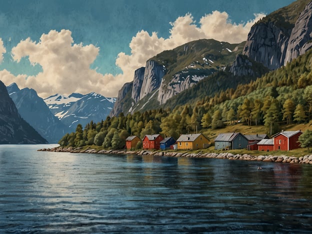 Auf dem Bild ist eine malerische Landschaft am Lysefjord zu sehen, einem der beeindruckendsten Fjorde Norwegens. Am Ufer reihen sich bunte Holzhäuser entlang des Wassers, umgeben von majestätischen Bergen und üppigen Wäldern. Die Szenerie strahlt eine ruhige, natürliche Schönheit aus, die typisch für Fjordlandschaften ist. Die mixte Farbenpracht der Hütten harmoniert wunderbar mit der atemberaubenden Kulisse der Berge und dem glatten Wasser des Fjords. Dieses Bild ist ein eindrucksvolles Beispiel für die Entdeckung des Lysefjords als ein wahres Naturwunder.