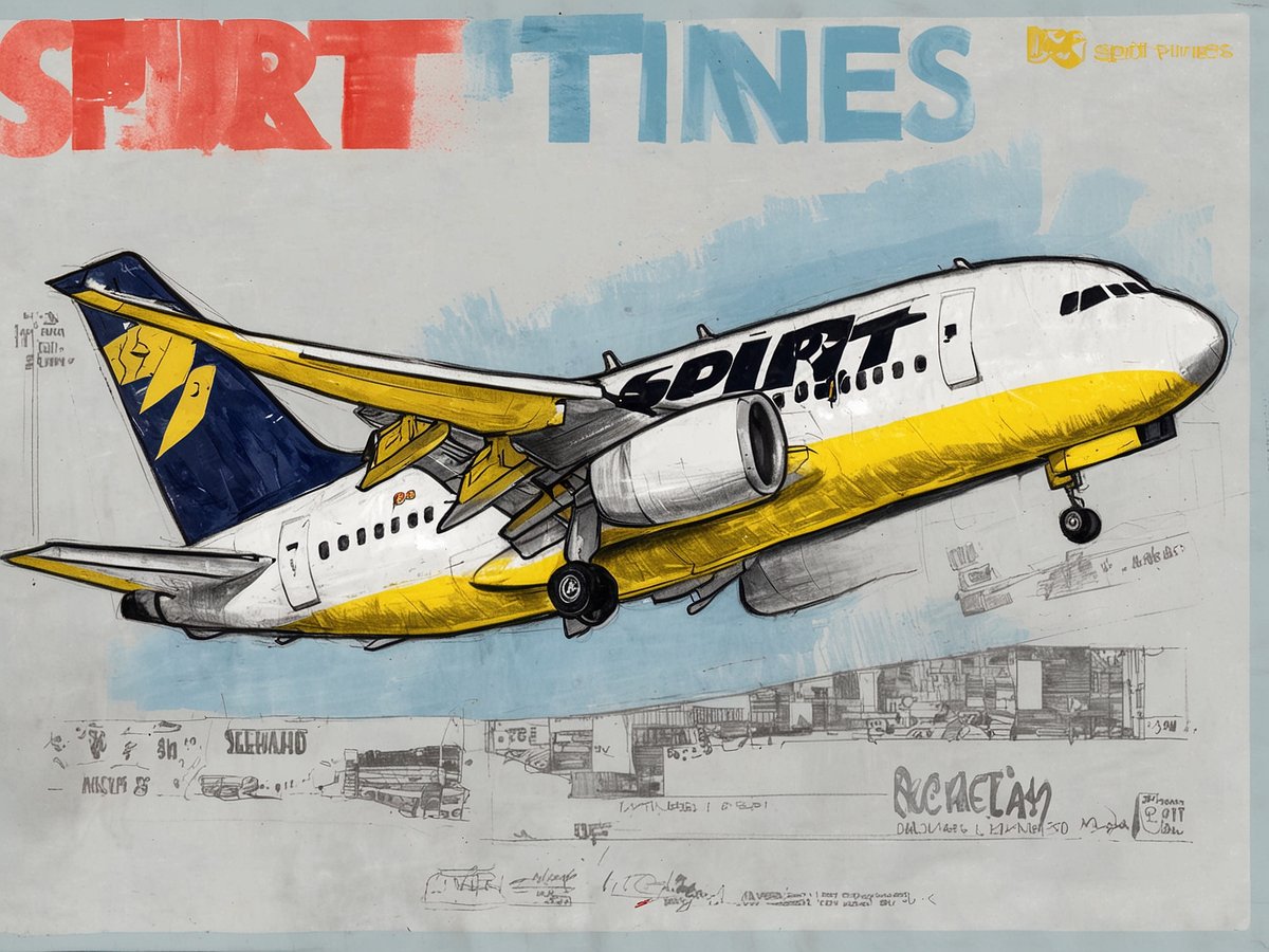 Ein stilisiertes Bild eines Flugzeugs der Fluggesellschaft Spirit Airlines, das in den Farben Gelb und Blau gehalten ist. Das Flugzeug hebt gerade ab, mit sichtbarem Triebwerk und vorderem Fahrwerk. Im Hintergrund sind skizzenhafte Darstellungen eines Flughafens und von Passagierbereichen zu sehen. Der Schriftzug „SPIRIT TINES“ ist in großen Buchstaben oben im Bild platziert.