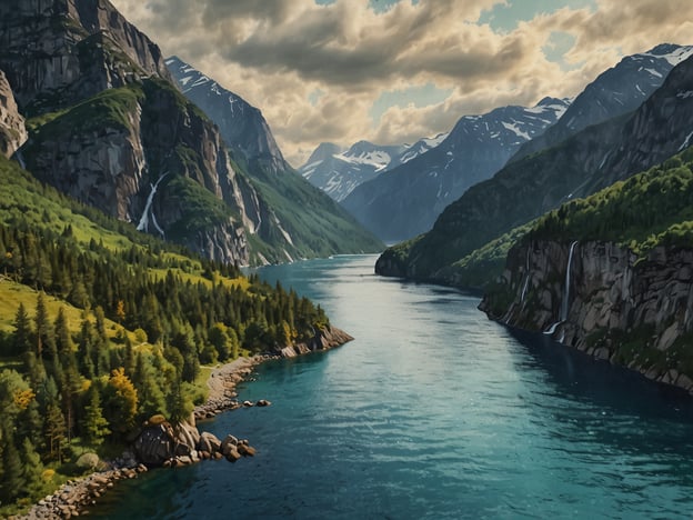 Auf dem Bild sind majestätische Naturwunder des Lysefjords zu sehen. Die beeindruckenden Berge erheben sich steil seitlich des Fjords, während das klare, türkisfarbene Wasser sanft fließt. Üppige grüne Wälder bedecken die Hügel und Berge, und kleine Wasserfälle sind zu erkennen, die die Felsen hinunterstürzen. Das gesamte Panorama strahlt Ruhe und natürliche Schönheit aus, typisch für diese wunderbare Landschaft Norwegens.